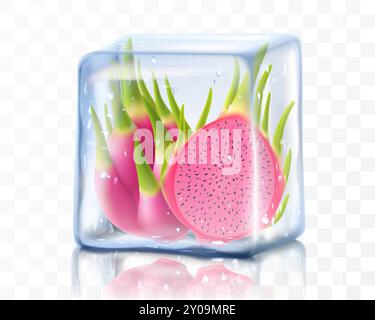 Fresh ripe dragon fruit in ice cube isolated on transparent background Frozen tropical pitaya or pitahaya fruit. Realistic 3d vector illustration. Bri Stock Vector