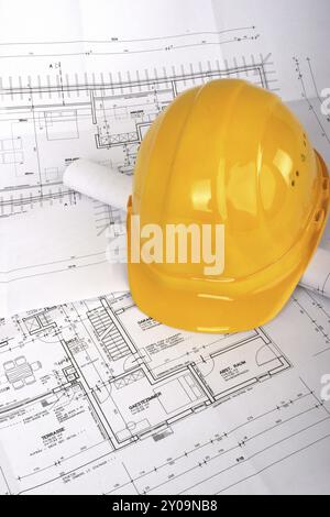 Building plan and helmet, symbol image for architect, architects, studio Stock Photo
