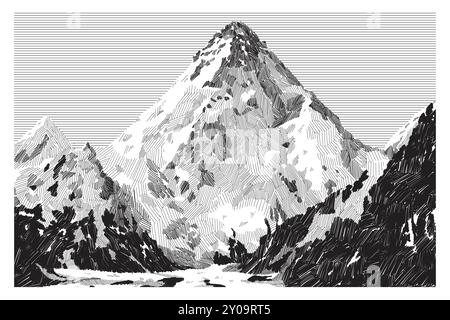 Natural landscape with a view of snowy mountains. Graphic sketch. Stock Vector