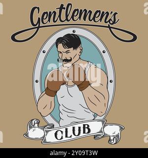 A strong man boxer with big muscles wearing a T-shirt and gloves, he stands in a fighting stance. The inscription gentlemen's club Stock Vector