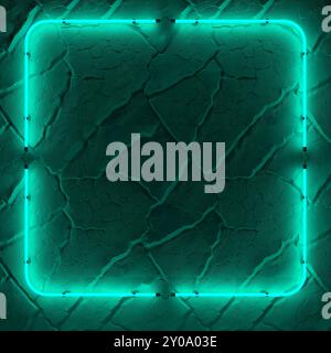 Square glowing neon frame on a dark relief plastered wall. Green glow. 3d illustration. Stock Photo