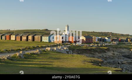 Portland Bill, Jurassic Coast, Dorset, UK, April 22, 2017: View at the Old Lighthouse and the huts Stock Photo