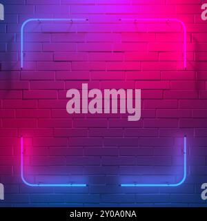 Square glowing neon frame on dark wall. Multicolored gradient glow. 3d illustration. Stock Photo