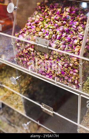 Colorful counter with tea at Spice market. Close up. Focus on the rose tea Stock Photo