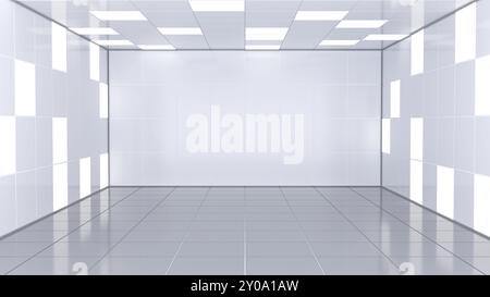 Spacious 3D interior with a glossy floor, illuminated panels, and a clean background. Stock Photo