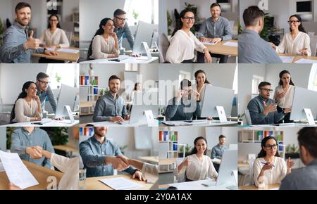 Professional Business Team Engaging in Collaborative Discussion Inside Modern Office Stock Photo