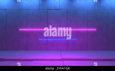 Background purple blank stage with concrete wall and floor, horizontal neon line lights, copy space. 3d illustration Stock Photo