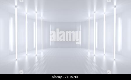 Minimalistic abstract white background stage. Neon light from lamps on walls of circular room. 3d illustration. Stock Photo