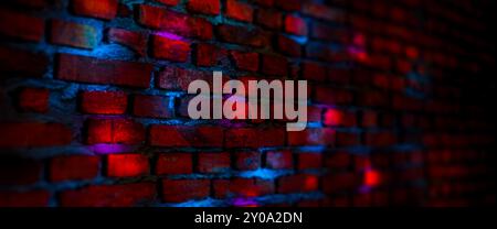 Aged brick wall, neon lights. Dark empty old night street. Textured brick wall, 3d illustration Stock Photo