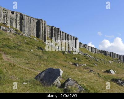 From Wikipedia: Gerðuberg (also transliterated Gerduberg) is a protected cliff made of dolerite, a coarse-grained basalt rock. It is located on the Sn Stock Photo