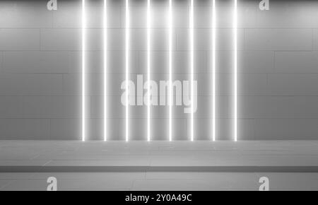 White minimalistic abstract 3d background. Neon light from lamps on gray concrete walls. 3d illustration. Stock Photo