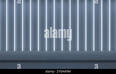 Abstract empty concrete room with gray backwall and white neon lamps, industrial interior or background template, 3d illustration Stock Photo
