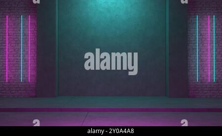 Empty dark abstract room with green pink fluorescent neon lights. Background stage concept with copy space or product display. 3d illustration Stock Photo
