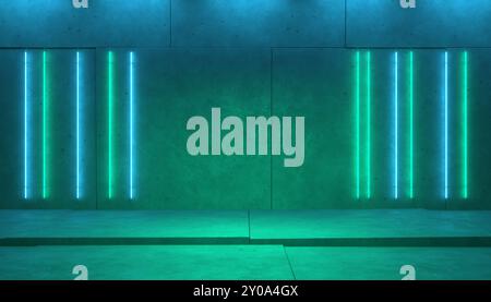 Dark abstract room with green blue neon line lights on concrete wall. Empty stage concept background. 3d illustration Stock Photo