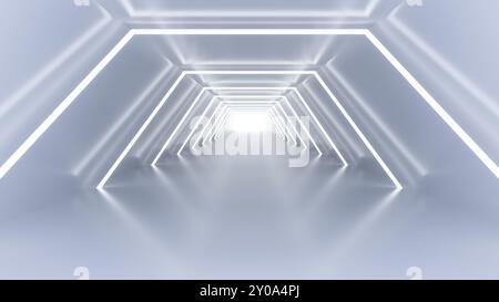 Futuristic tunnel illuminated with bright, white neon lights, sense of depth and infinity. 3D illustration. Stock Photo
