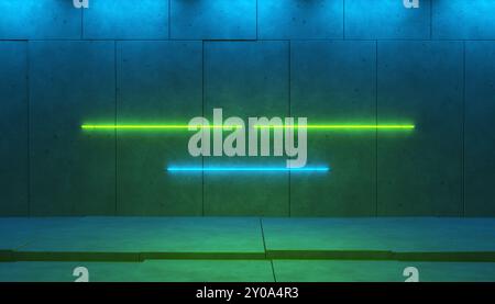 Abstract empty concrete interior with horizontal blue green neon lights, 3d illustration Stock Photo