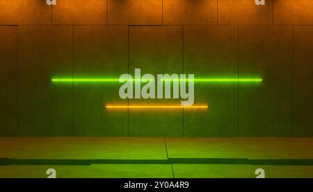 Abstract empty concrete interior with horizontal green yellow neon lights, 3d illustration Stock Photo
