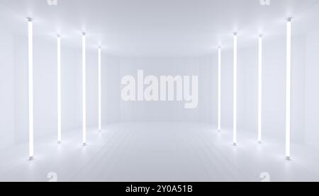 Abstract white background scene. Bright light from vertical lamps. 3d illustration Stock Photo