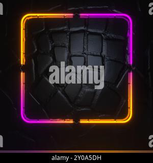 Square neon multicolored light frame on dark wall. 3d illustration. Stock Photo