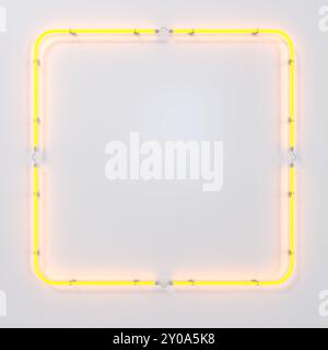 Square glowing neon frame on white wall. Yellow glow. 3d illustration. Stock Photo