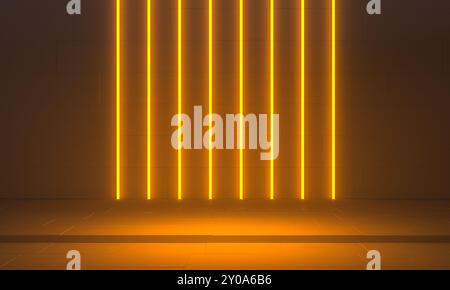 Background stage with vertical yellow neon lights and podium, 3d illustration Stock Photo