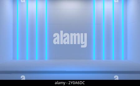Abstract background scene with blue vertical luminous neon lights and podium, 3d illustration Stock Photo