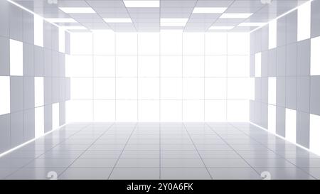 Modern, minimalist white room with bright lighting and a reflective floor. 3d illustration Stock Photo