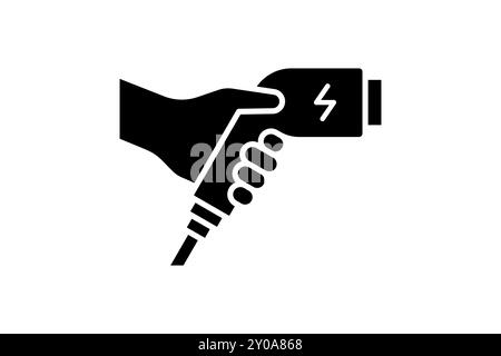 Hand holding electric charger connector black icon. Electrical transportation charging plug symbol. Eco friendly electro vehicle charge sign. Vector eps battery powered EV transport station logotype Stock Vector