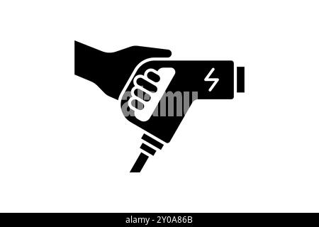 Hand holding electric charger connector black icon. Electrical transportation energy charging plug symbol. Eco friendly electro vehicle charge sign. Battery powered EV transport station eps logotype Stock Vector