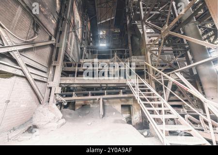 Abandoned and dusty industrial site with complex metal structures and stairs, steelworks HF4, Lost Place, Dampremy, Charleroi, Province of Hainaut, Be Stock Photo