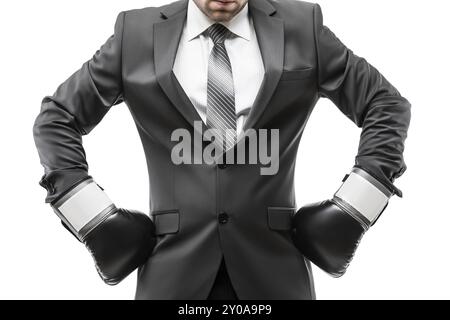 Business career and professional competition success concept, businessman boxer in black suit wearing sport boxing gloves white isolated Stock Photo
