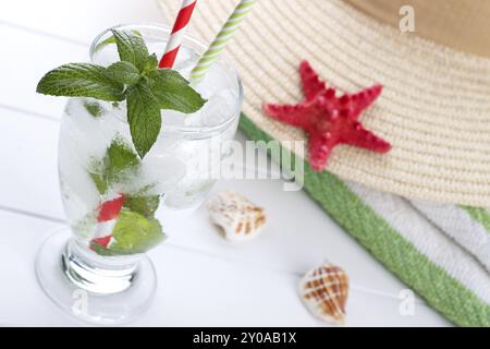 Refreshing summer drink, fizzy water with ice and mint on white wooden board Stock Photo
