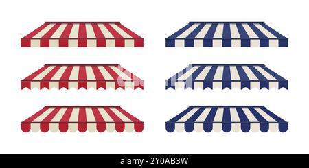 Set of striped shop canopy. Store or cafe sunshade awning. Red stripes on the canopy. Striped tent for cafe. Vector awning on isolated background. Stock Vector