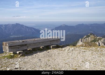 Bench with a view of Lake Walchensee in the Alps, Bavaria Stock Photo