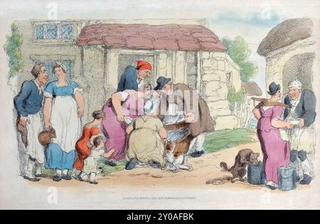 A  print coloured engraving of the world in miniature watercolour etching on paper  vintage 18th century created by Thomas Rowlandson antique print art artwork Georgian era England. Scene of servants in the countryside, three at center choosing fish from a fishmonger, a young maid with a pitcher talking to a man at left, and a milkmaid handing a dish to a man at right. Stock Photo