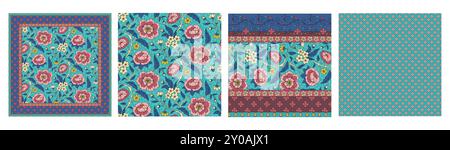 Set of 4 Indian floral patterns with abstract trailing flowers and leaves Stock Vector