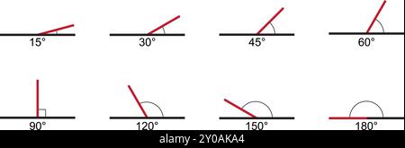 Set of angle degree signs. Collection of various protractor values icons. Geometric or trigonometric measurements. Mathematics symbols isolated on Stock Vector