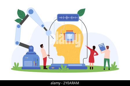 Creation of virtual assistant, AI technology engineering. Tiny people and robot hand building futuristic chat bot, silhouette of human head with chip and circuit inside cartoon vector illustration Stock Vector
