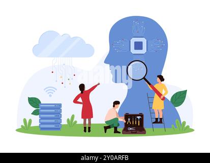 AI and digital brain research and development, engineering. Tiny people with magnifying glass assay microchip and circuit inside human head, control tech innovation cartoon vector illustration Stock Vector