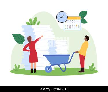 Chaos in office paperwork storage, unorganized business information, bureaucracy. Tiny people driving stack of paper documents on wheelbarrow to pile of archives and sheets cartoon vector illustration Stock Vector