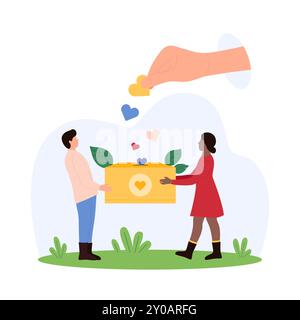 Charity, assistance and support from volunteers and community. Tiny people hold donation box, giant hand throwing heart to donate financial help, give hope and love cartoon vector illustration Stock Vector