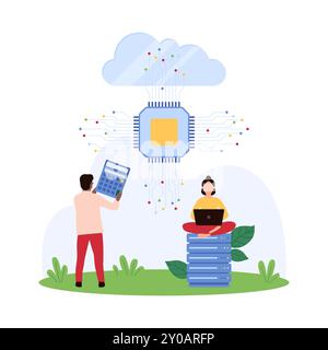 Cloud computing using AI, tech system innovation and development. Tiny people work with computer processor, semiconductor or chip and circuit to process digital data cartoon vector illustration Stock Vector