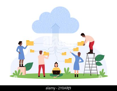 Secure cloud data storage, database platform for digital information management. Tiny people download folders with files, share and sync documents and archives online cartoon vector illustration Stock Vector