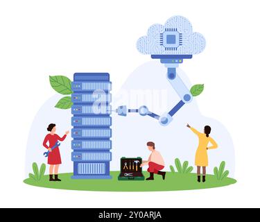 Cloud computing on online server, database. Tiny people work with tech infrastructure with cloud connection and access to digital data, process and store information cartoon vector illustration Stock Vector