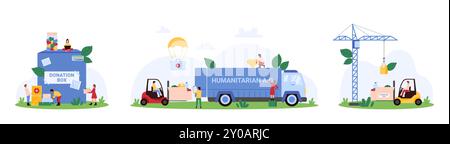 Delivery and logistics of charity non profit organization set. Tiny people donate food and financial help, volunteers load humanitarian aid into truck with forklift cartoon vector illustration Stock Vector