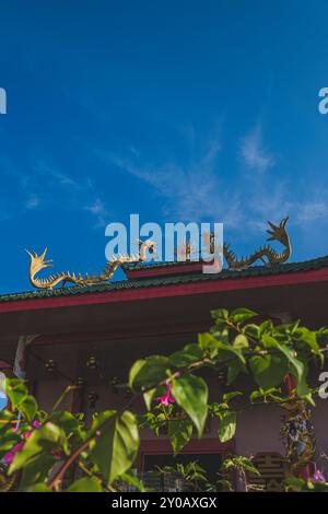 Balikpapan, Indonesia - June 22nd, 2024. A captivating image of mythical creatures guarding the Guang de Miao temple. Stock Photo