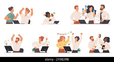 Birthday party or Christmas, festive event celebration by office employees team at workplace set. Happy people celebrate holiday together, congratulate with decorations cartoon vector illustration Stock Vector