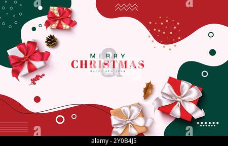 Christmas greetings vector template design. Merry christmas greeting text in abstract pattern background with colorful gift box elements for xmas Stock Vector