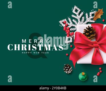 Christmas greeting vector card design. Merry christmas greeting text with realistic snowflakes, gift box, holly berry and spruce elements in elegant Stock Vector
