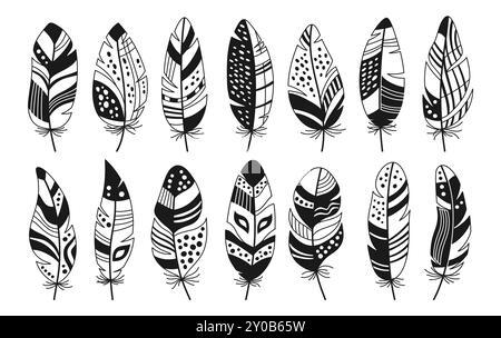 Feather cartoon line boho set. Doodle stylized bird feathers with ethnic boho folk outline black and white glyph patterns. Design decorated birds feathers abstract art. Isolated vector illustration Stock Vector